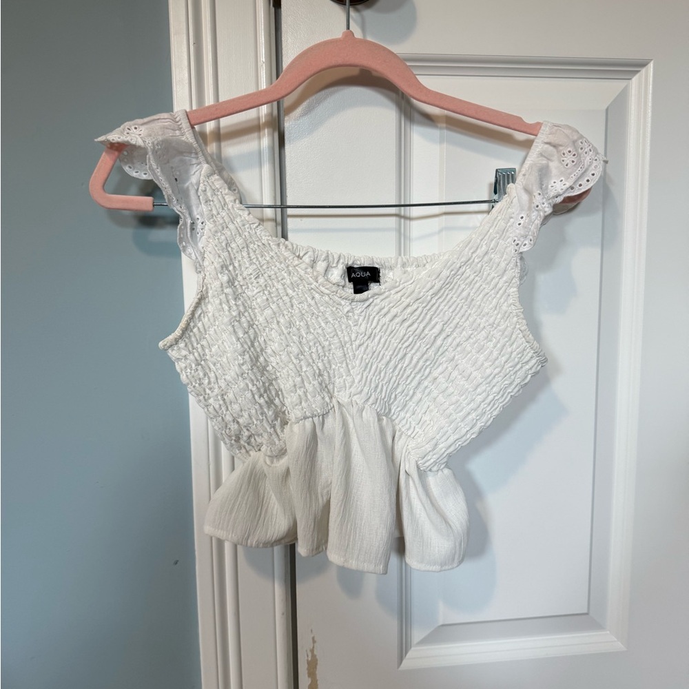 Aqua Ivory Smocked Lace Blouse